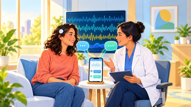 Original editorial illustration of a fictional patient and clinician discussing a smartphone beside a colorful EEG display in a calm monitoring room.