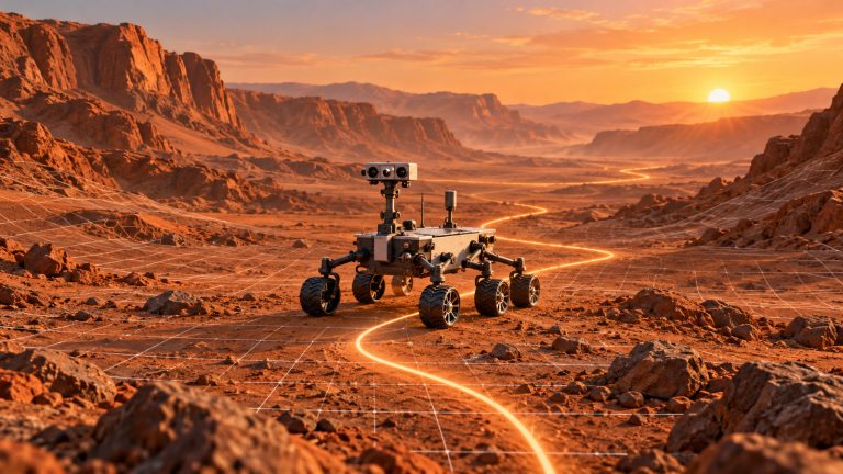 Original editorial illustration of a centered six-wheeled robotic rover following a glowing route across a sunlit Martian landscape with subtle terrain-mapping lines.