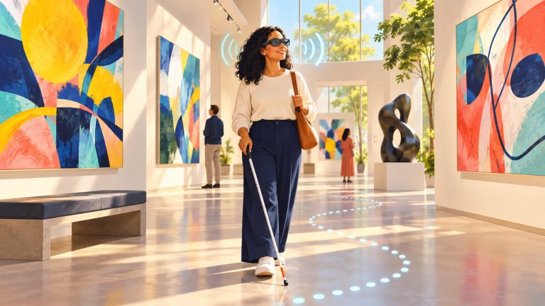 Original editorial illustration of a fictional blind museum visitor wearing unbranded smart glasses and using a white cane in a sunny gallery, with audio waves and a dotted navigation path.