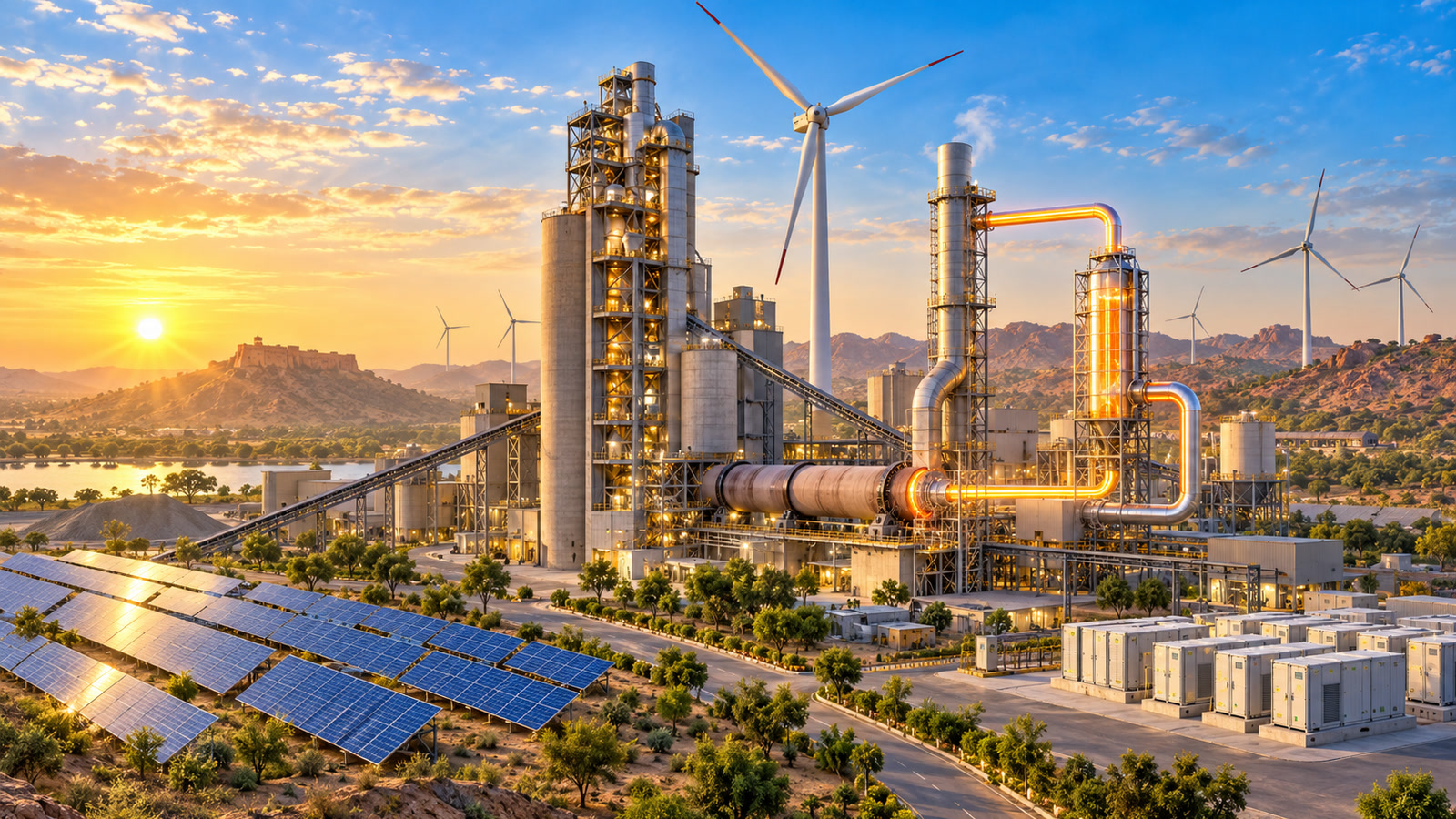 Original editorial illustration of a cement plant at sunrise beside wind turbines, solar panels, battery containers and a glowing waste-heat recovery loop.