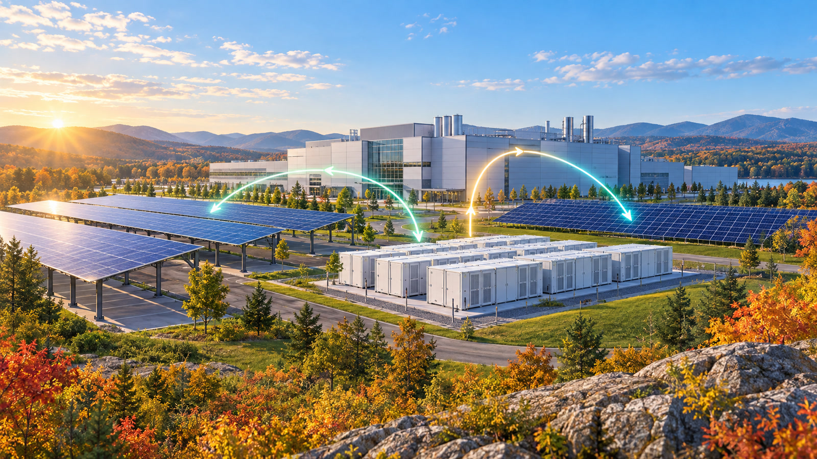 Original editorial illustration of a clean semiconductor plant beside solar canopies and containerized battery units in a bright autumn landscape, with abstract energy-flow arcs.
