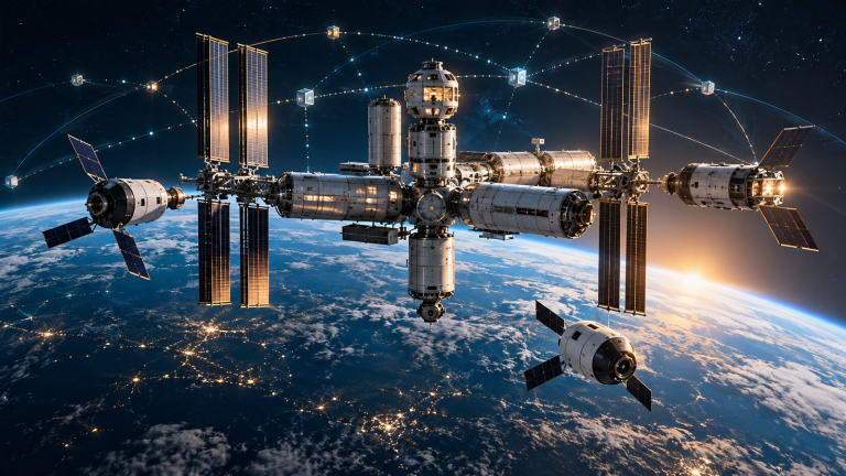 Editorial illustration of a modular commercial orbital station with several service vehicles above Earth, connected by abstract orbital paths.