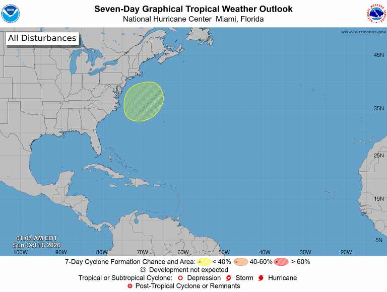 NOAA seven-day Atlantic tropical weather outlook map timestamped 1:07 AM EDT October 18, 2026, showing one yellow formation area off the Southeast U.S. coast.