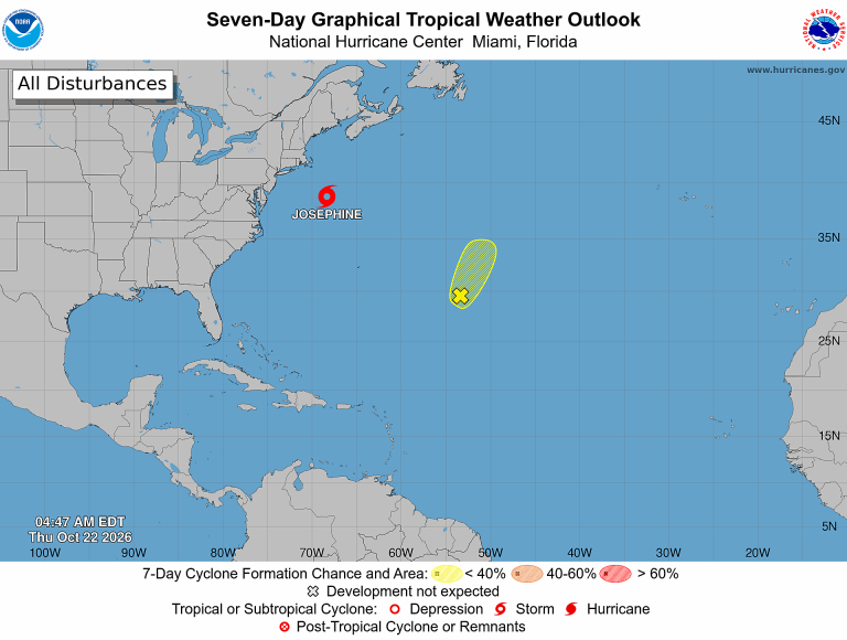 NOAA seven-day Atlantic tropical weather outlook map timestamped 4:47 AM EDT October 22, 2026, showing Subtropical Storm Josephine and one yellow formation area east-southeast of Bermuda in the central Atlantic.
