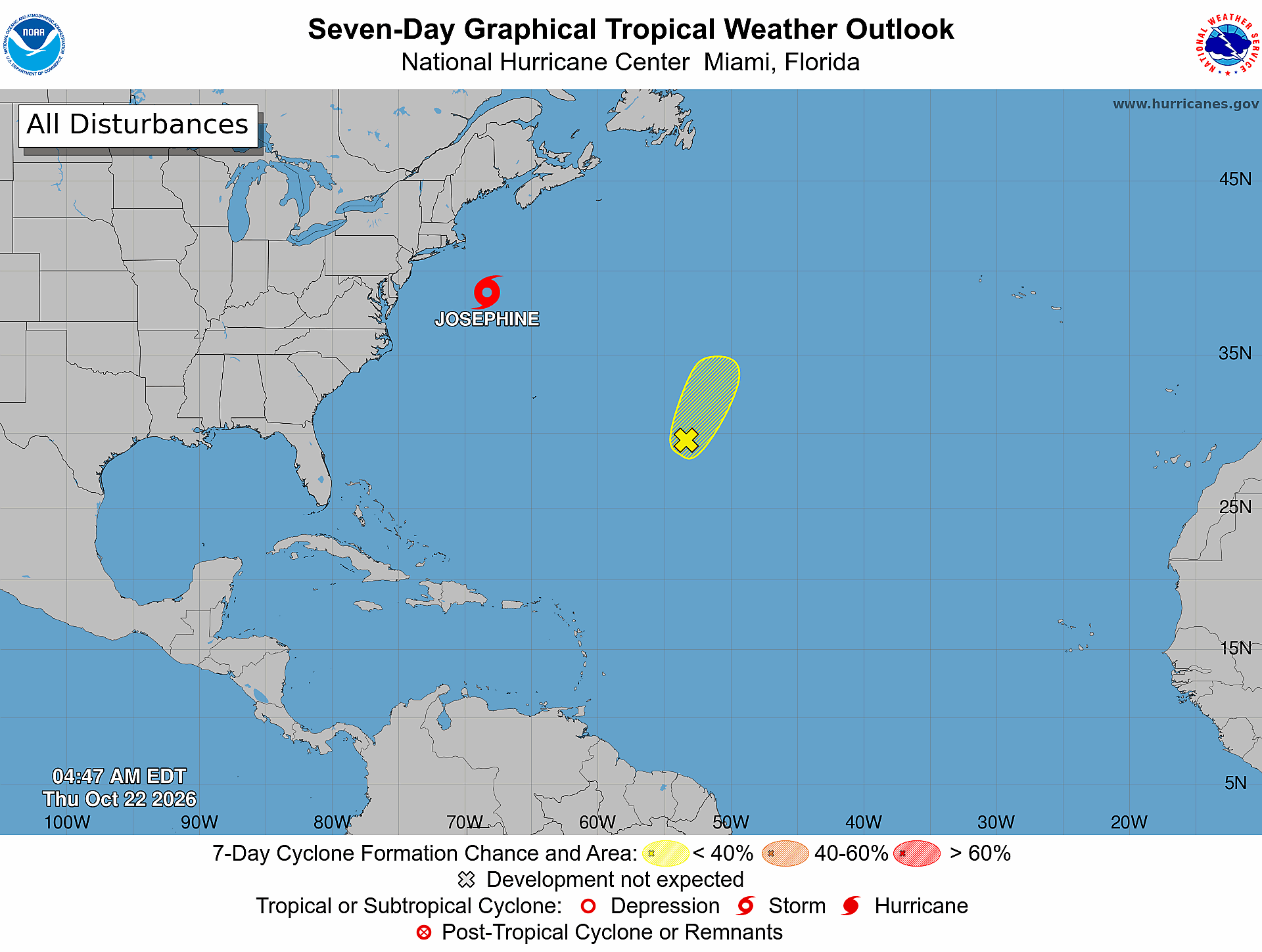 NOAA seven-day Atlantic tropical weather outlook map timestamped 4:47 AM EDT October 22, 2026, showing Subtropical Storm Josephine and one yellow formation area east-southeast of Bermuda in the central Atlantic.