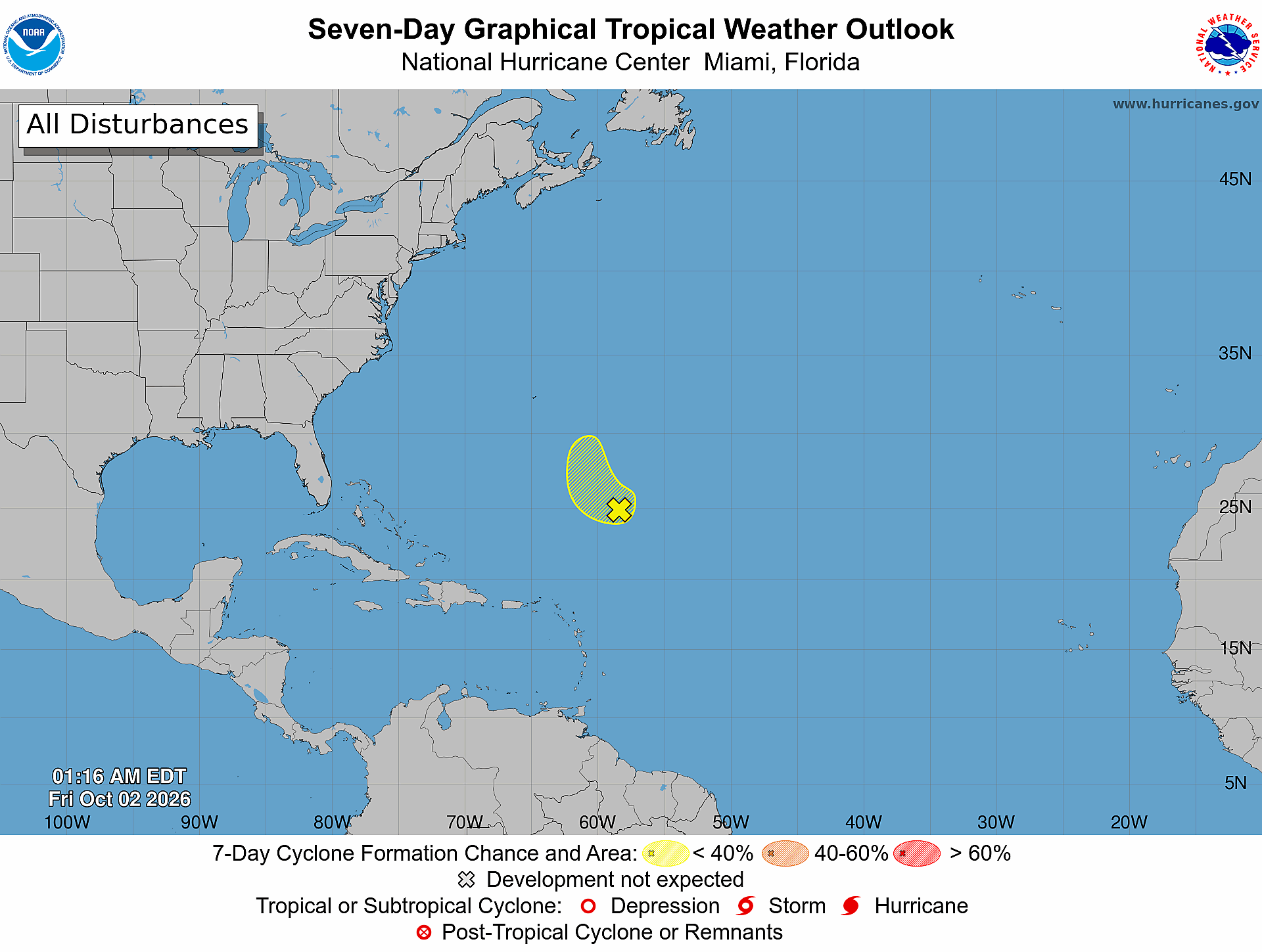NOAA seven-day Atlantic outlook map issued 1:16 AM EDT October 2, 2026, showing one yellow hatched formation area with an X in the subtropical central Atlantic.