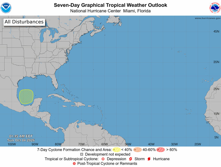NOAA seven-day Atlantic outlook map issued 1:45 AM EDT October 4, 2026, showing one yellow hatched formation area in the southwestern Gulf of America.