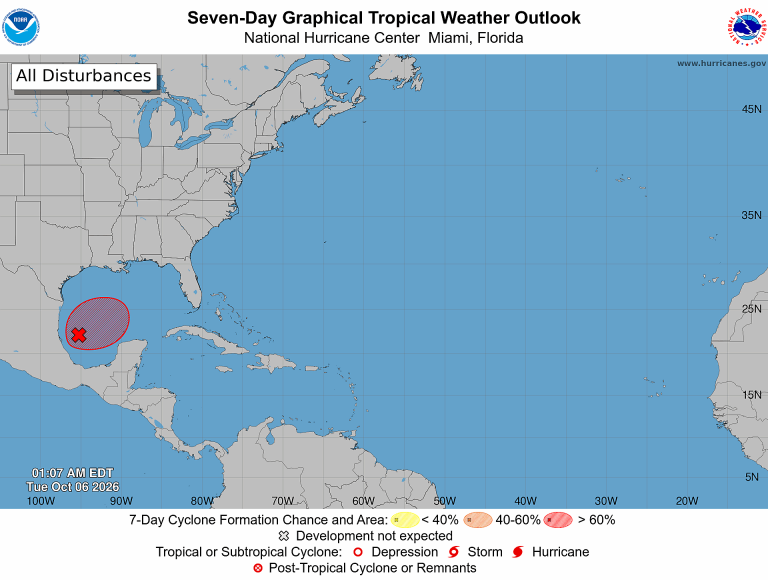 NOAA seven-day Atlantic outlook map issued 1:07 AM EDT October 6, 2026, showing one red hatched formation area with a red X in the southwestern Gulf of America.