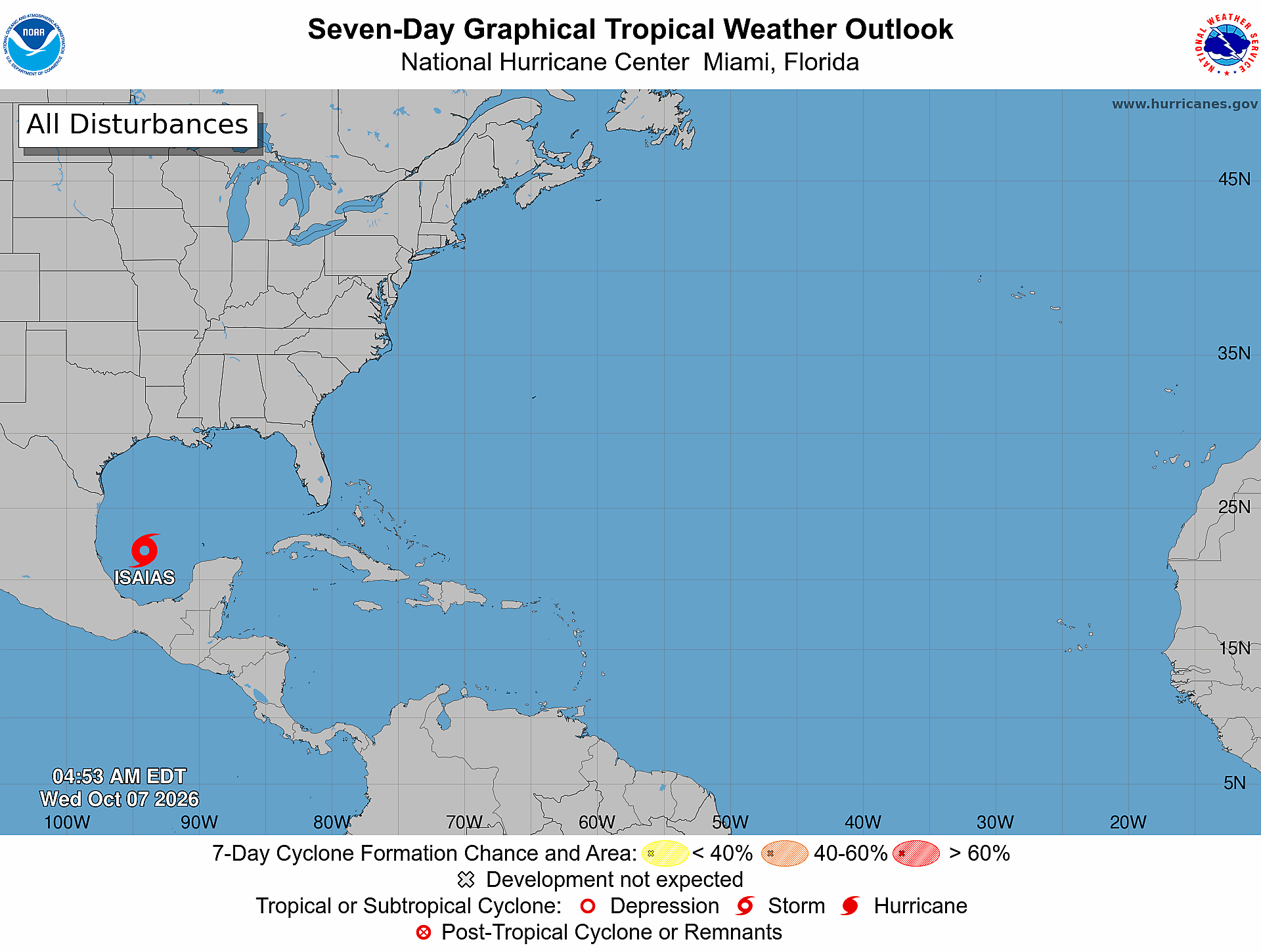 NOAA seven-day Atlantic outlook map issued 4:53 AM EDT October 7, 2026, showing Tropical Storm Isaias in the southwestern Gulf and no separate shaded formation areas.