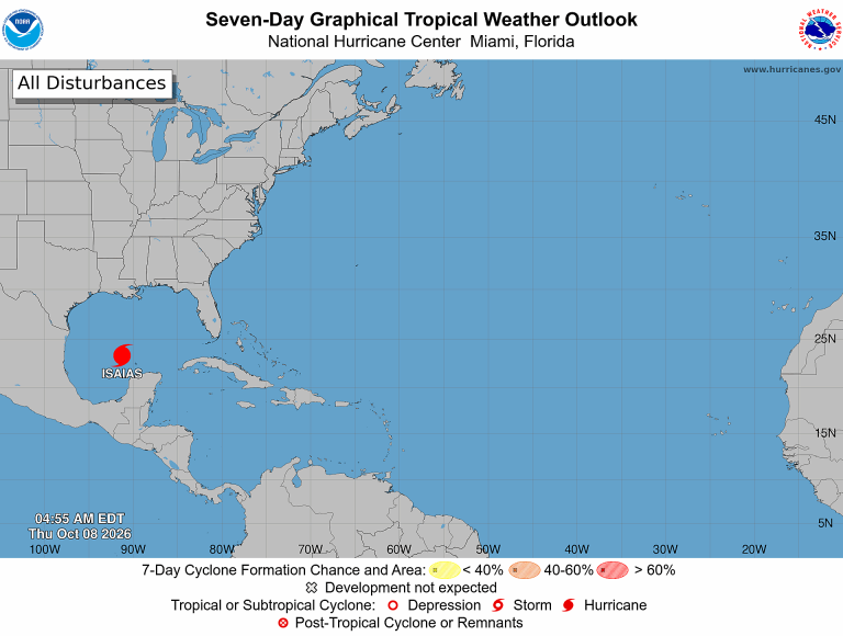 NOAA seven-day Atlantic outlook map issued 4:55 AM EDT October 8, 2026, showing Hurricane Isaias in the southwestern Gulf and no separate shaded formation areas.