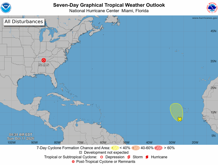 NOAA seven-day Atlantic outlook map issued 4:34 AM EDT October 11, 2026, showing post-tropical Isaias over Tennessee and a low-chance formation area southwest of the Cabo Verde Islands.