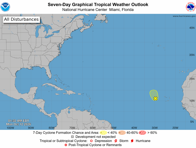 NOAA seven-day Atlantic outlook map issued 1:32 AM EDT October 12, 2026, showing one low-chance formation area west of the Cabo Verde Islands.