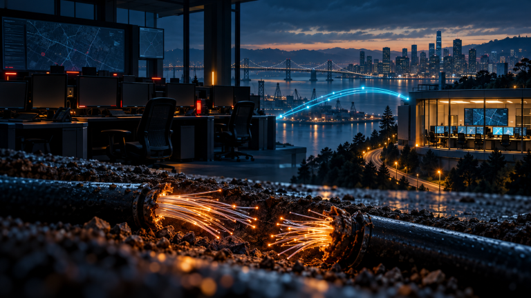 Editorial illustration of a severed communications cable between a generic dispatch room and city skyline.