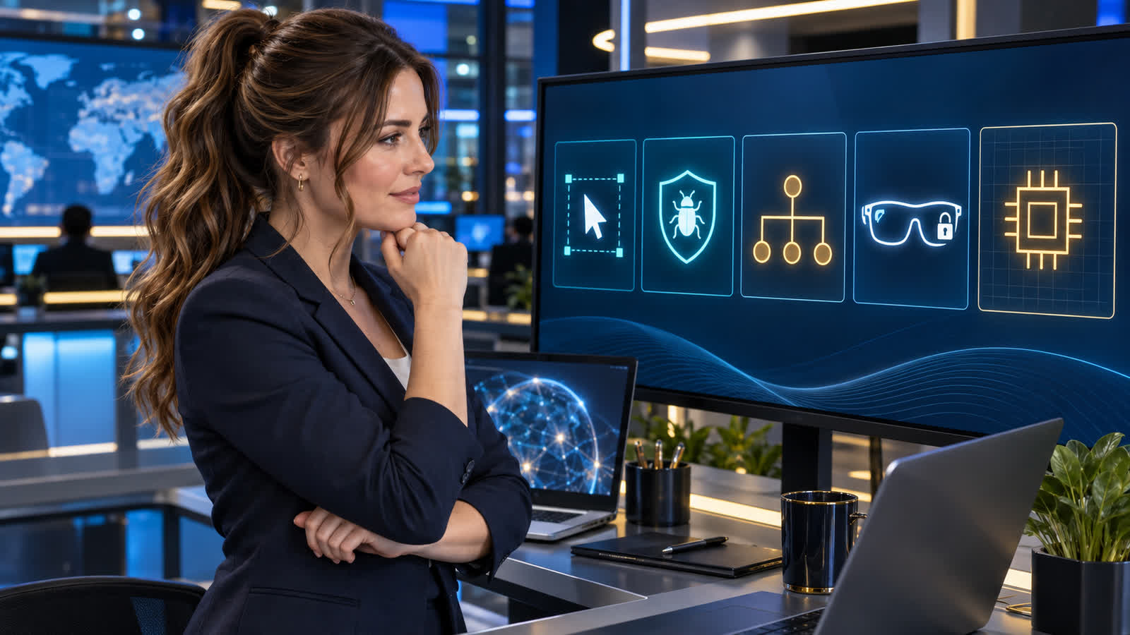 Jennifer Hudsen looks toward five abstract technology symbols in The IT Guys newsroom for the October 1, 2026 recap.