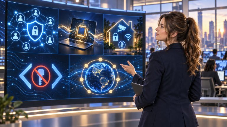 Jennifer Hudsen gestures toward abstract newsroom panels symbolizing cyber resilience, local AI, smart-home controls, secret protection, and international AI oversight.