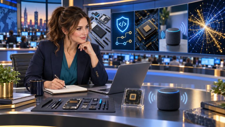 Jennifer Hudsen reviews modular device parts, code security, shopping, and particle-science motifs at a curved newsroom desk.