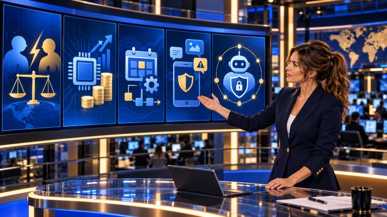 Jennifer Hudsen gestures toward five abstract technology-news panels representing software competition, chip financing, scheduled development tasks, app safety, and bounded AI-agent security.