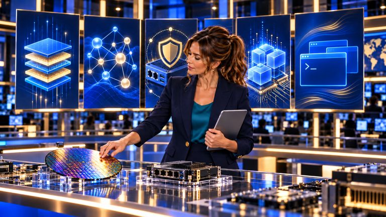 Jennifer Hudsen stands at a glass newsroom hardware workbench beside five abstract technology displays representing advanced memory, virtual-machine networking, embedded security, open-model infrastructure, and Ubuntu development.