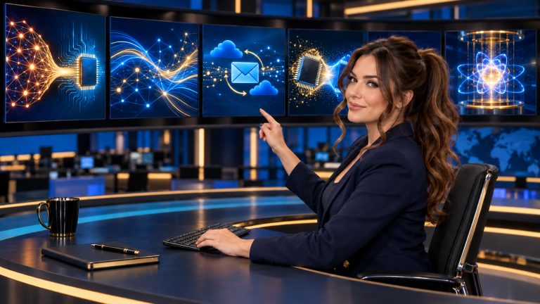 Jennifer Hudsen sits at a curved technology-news desk and gestures toward five abstract panels representing AI-chip portability, hosted-server threat detection, email continuity, open compute competition, and quantum research.