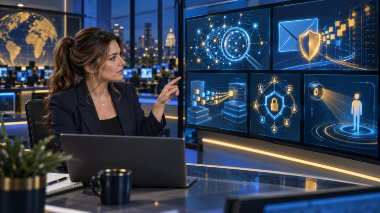 Jennifer Hudsen, in three-quarter profile, reviews abstract AI governance, email security, software migration, advisory privacy, and accessibility symbols in The IT Guys newsroom.
