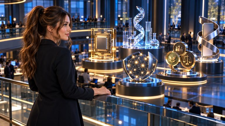Jennifer Hudsen stands in profile in a blue-and-gold technology newsroom, looking across five abstract sculptures representing computing, life sciences, network security, public-benefit economics, and American-made device components.