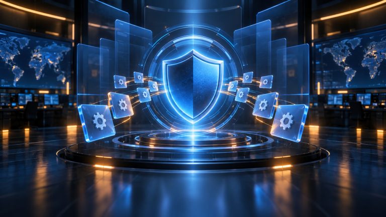 Abstract blue cybersecurity command center with a central shield, update rings, and patch tiles illuminated by subtle amber warning lights.