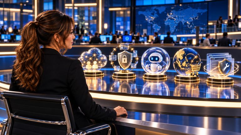 Jennifer Hudsen sits over the shoulder in a blue-and-gold technology newsroom, reviewing five abstract illuminated symbols for cloud AI, rotating credentials, contained agents, digital commerce, and semiconductor manufacturing.