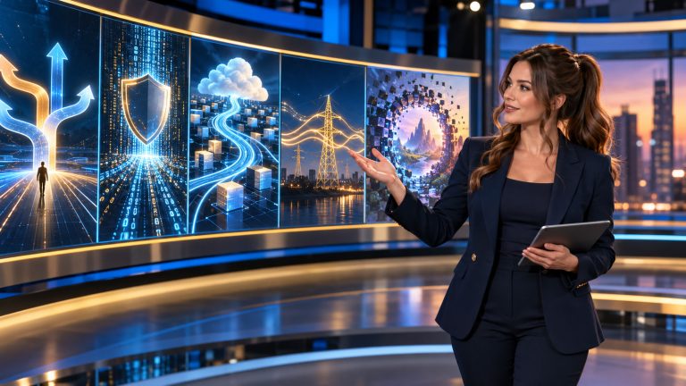 Jennifer Hudsen stands in a blue-and-gold technology newsroom, gesturing toward five abstract panels representing fast decisions, secret protection, cloud storage, electrical-grid flexibility, and a fading game world.