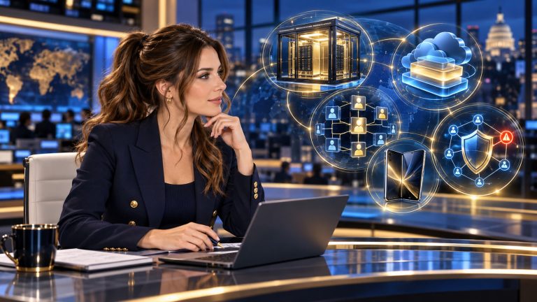 Jennifer Hudsen sits at a blue-and-gold newsroom desk beside abstract symbols for secure compute, cloud storage, enterprise permissions, a foldable phone, and cybersecurity.