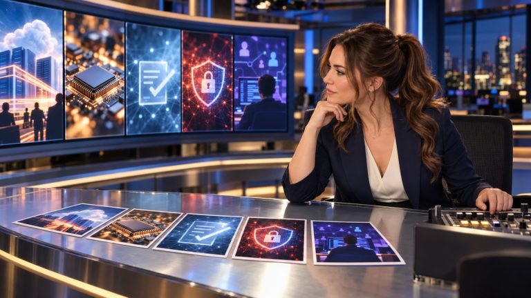 Jennifer Hudsen sits at a curved newsroom desk reviewing five illustrated technology story cards beside an audio console, with her chestnut ponytail in three-quarter profile.