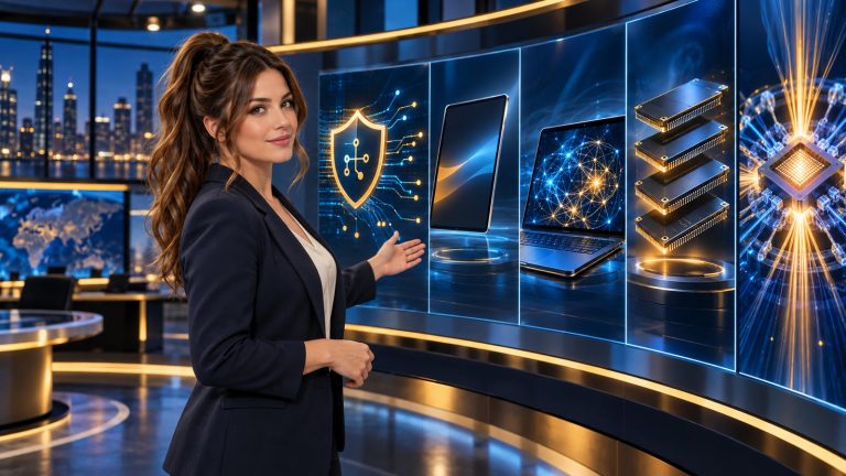 Jennifer Hudsen stands in a blue-and-gold newsroom beside five abstract technology panels representing secure code, connected computing, an AI laptop, stacked memory chips, and a photonic quantum chip.