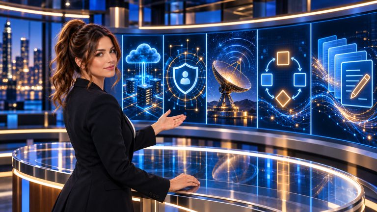 Jennifer Hudsen stands at a glass newsroom planning table and looks back toward five abstract panels depicting cloud infrastructure, a privacy gateway, a radio telescope, a bounded workflow, and editable files.