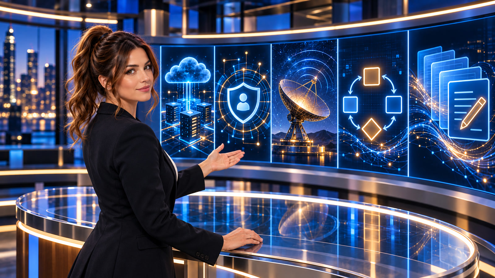 Jennifer Hudsen stands at a glass newsroom planning table and looks back toward five abstract panels depicting cloud infrastructure, a privacy gateway, a radio telescope, a bounded workflow, and editable files.