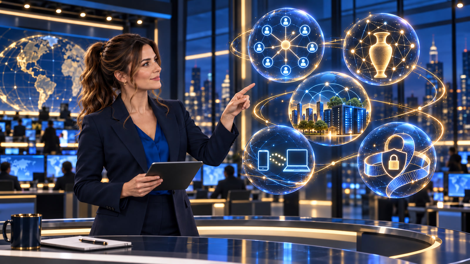 Jennifer Hudsen stands in The IT Guys newsroom beside five abstract symbols for AI coordination, historical research, data-center communities, connected laptops, and secure software tokens.