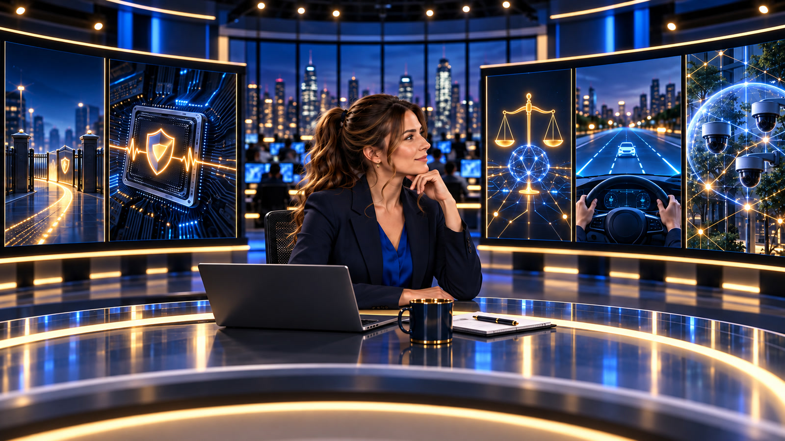 Jennifer Hudsen sits centered in The IT Guys newsroom between abstract panels representing AI safeguards, GPU monitoring, regulation, assisted driving, and privacy-aware camera systems.