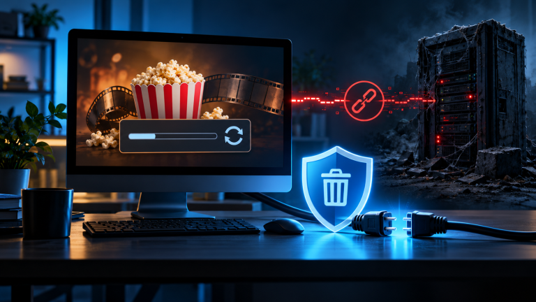 Editorial illustration of a desktop media player with popcorn and film imagery, a broken update link, a glowing removal shield, unplugged cables, and a damaged server rack.