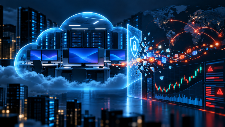 Editorial illustration of a cloud-hosted workstation and server environment separated by a security shield as data fragments move toward a financial chart with warning indicators.