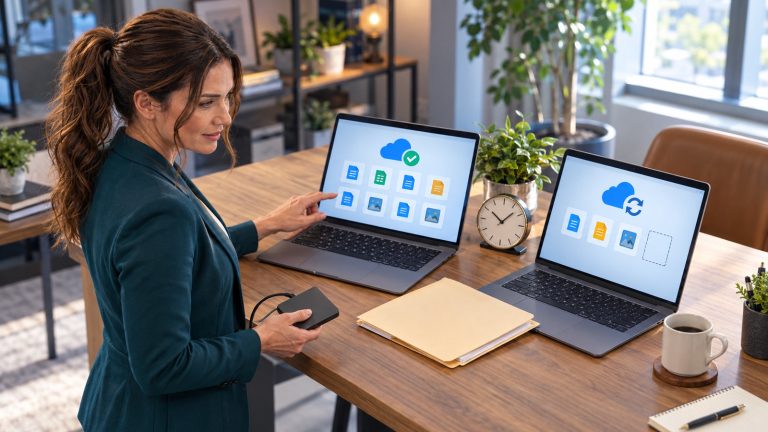 Jennifer Hudsen compares file-sync symbols on two generic laptops while holding an external drive.