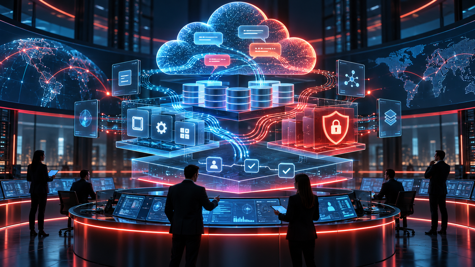 Six silhouetted professionals review a glowing enterprise system of cloud services, databases, security controls and approval checkpoints.