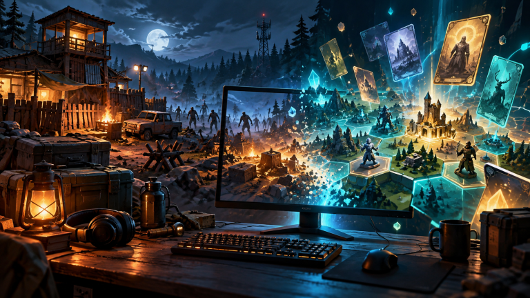 Desktop gaming setup with a monitor, multiple generic zombie figures on the left, floating cards, and a hex strategy board on the right