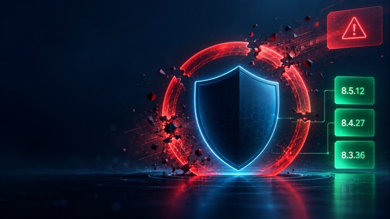 Abstract cybersecurity illustration on navy: a glowing cyan shield within a fragmented red ring, a red warning symbol above, and three green tiles labeled 8.5.12, 8.4.27 and 8.3.36 at right; open dark space fills the left.