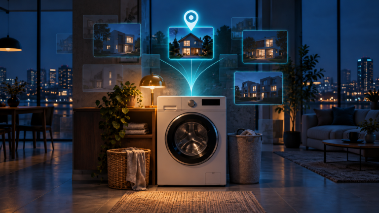 A washing machine and lamp in a nighttime apartment beneath glowing lines connecting several house images to a location-pin symbol.