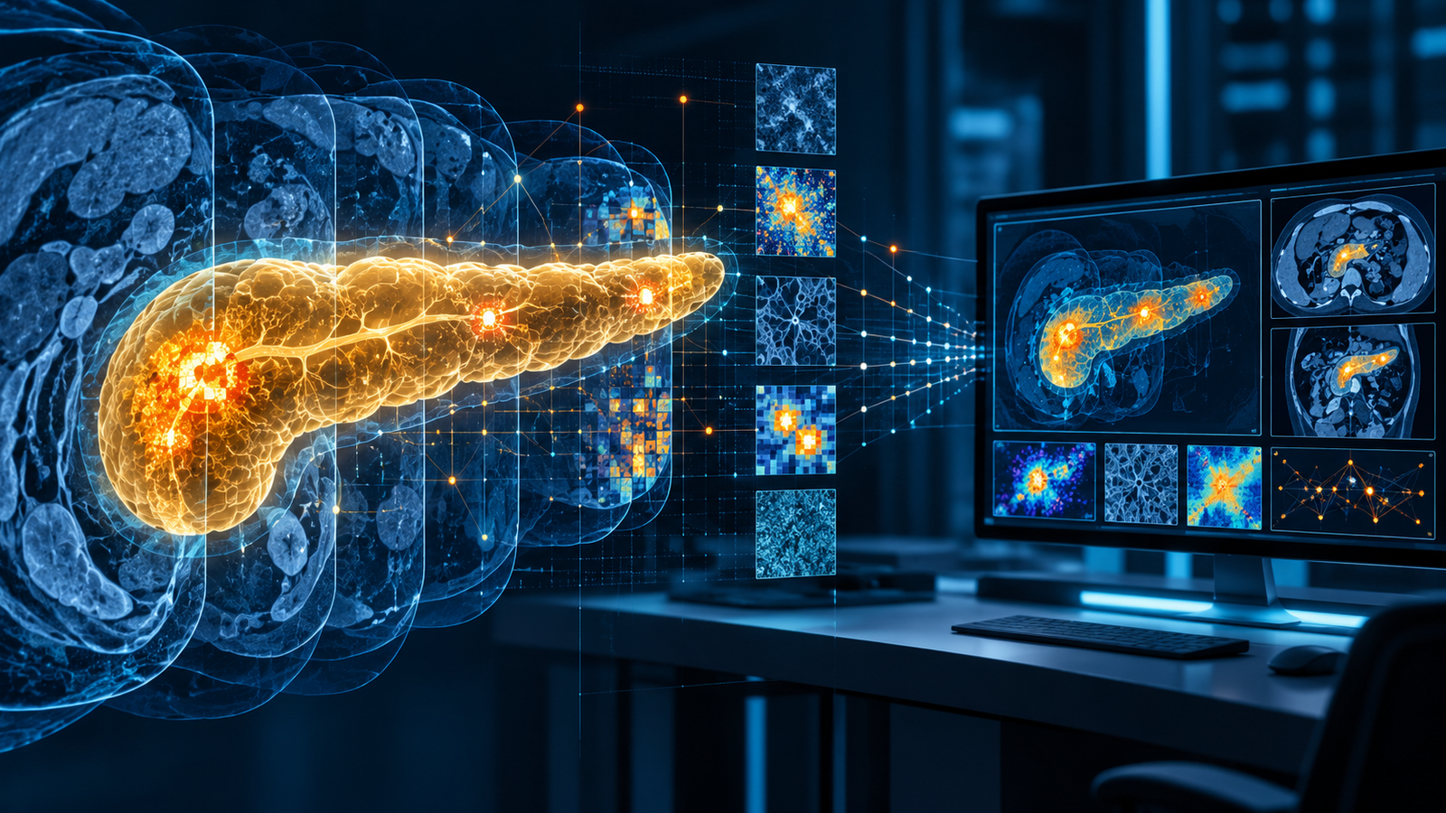 AI-generated editorial illustration of a glowing abstract pancreas, layered CT-like contours and a research workstation showing radiomic pattern maps.