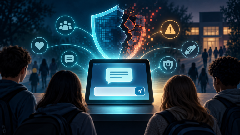 Generated editorial illustration of students viewed from behind around a tablet beneath a broken digital shield.