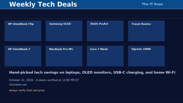 Weekly Slickdeals tech deals hero for October 21, 2026 - 8 verified tech picks including laptops, OLED monitors, USB-C charger, and home Wi-Fi