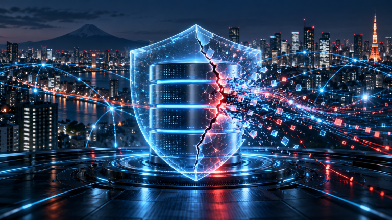 Fractured translucent shield around a database with red and blue data fragments over a city skyline.