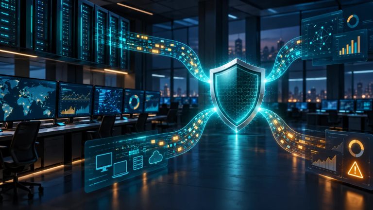 Original editorial illustration of four data paths converging on a protective shield in a security operations center.