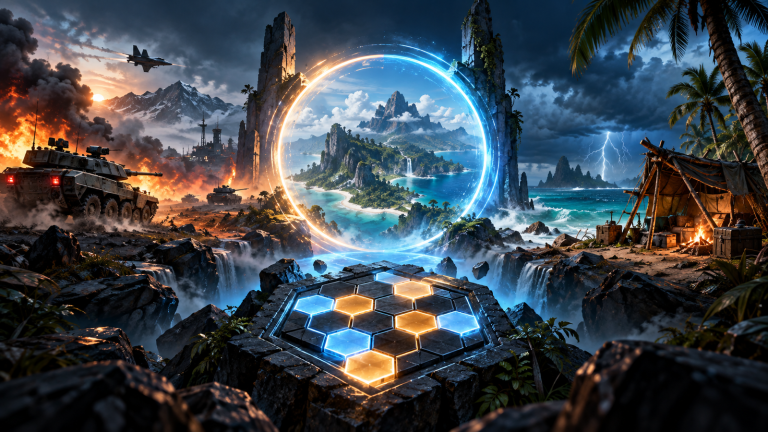 Original editorial illustration blending an armored battlefield, stormy survival island, and glowing hex-grid strategy portal