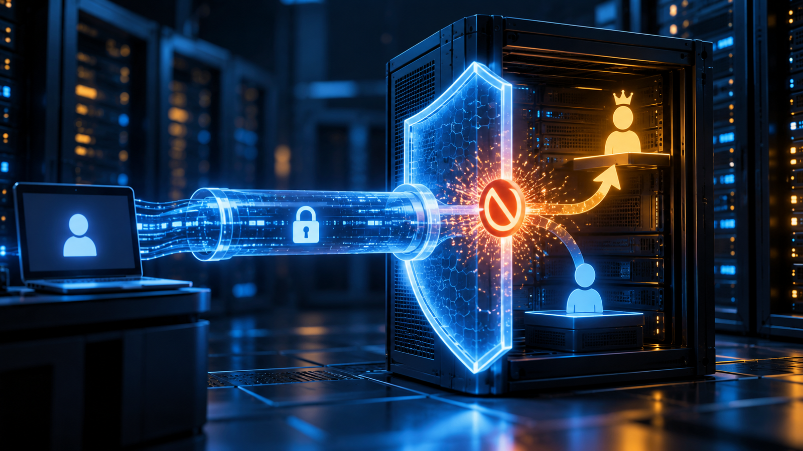 A blue encrypted tunnel from a laptop reaches a shield at a server, where a stop symbol blocks an arrow from a standard user icon toward a crowned privileged-user icon.