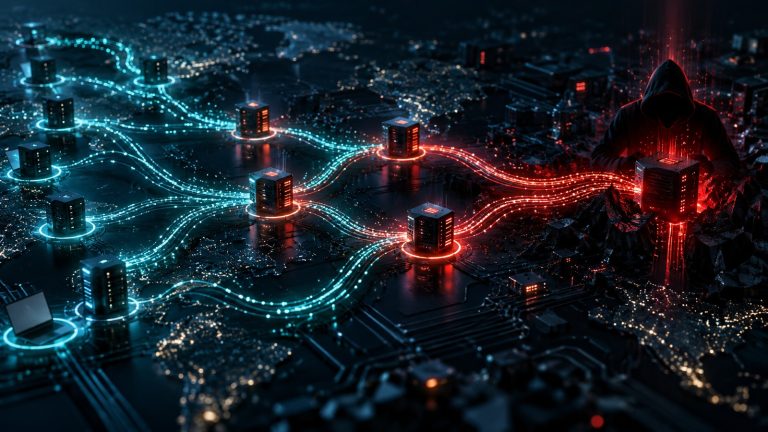 Dark abstract illustration of anonymous network routing and credential interception: a navy circuit-board landscape with glowing conduit paths converging through a cluster of highlighted relay nodes into a concealed intercept point, with faint teal and warning-red signal glow. Original editorial artwork for The IT Guys story about attackers hijacking more than 300 Tor exit relays in early October 2026 to intercept SSH connections and capture login passwords. No text, letters, numbers, logos, or user interfaces.